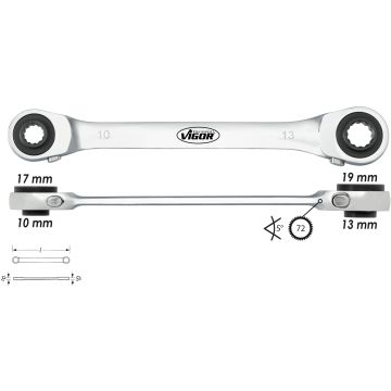 Vigor V2705 Skrallenøkkel 4I1 10,13,17,19